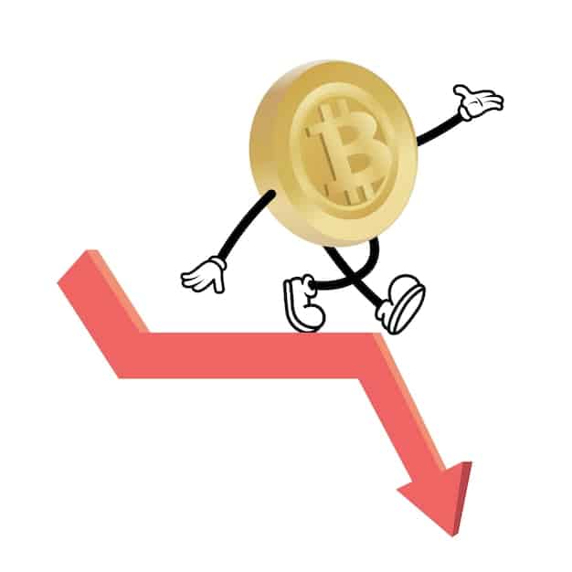 A stylized depiction of a falling cryptocurrency chart, symbolizing the risk of price volatility impacting staking profitability, overlaid with abstract shapes representing the complexity and potential pitfalls of the crypto market.