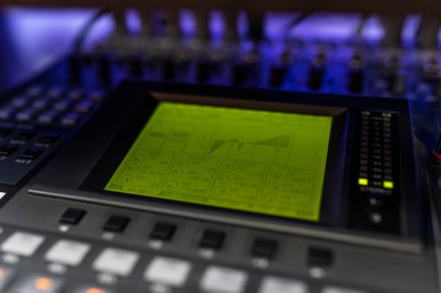 A close-up shot of a mixing console in a recording studio, focusing on the intricate controls and meters, with blurred figures of sound engineers in the background, emphasizing the importance of professional audio production.