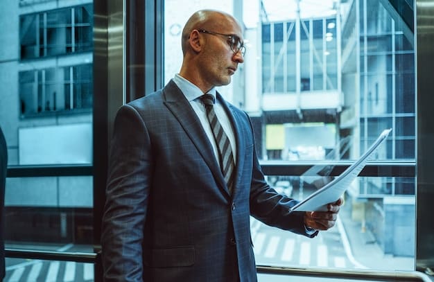 A person in a business suit is meticulously reviewing a detailed business plan on a tablet. The plan includes market analysis charts, financial projections, and a strategy outline. The setting is a modern office with natural lighting, suggesting careful planning and strategic decision-making.
