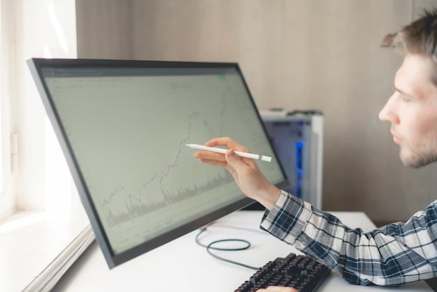A freelancer analyzing market data on a large monitor, with charts and graphs showing trends in the freelance industry. The data highlights increasing demand for specific skills.