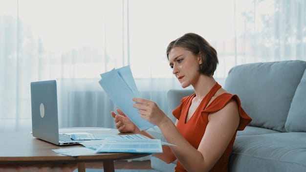 A freelancer reviewing receipts and financial documents related to business expenses, such as travel, software subscriptions, and office supplies. The scene underscores the importance of diligent record-keeping for tax purposes.