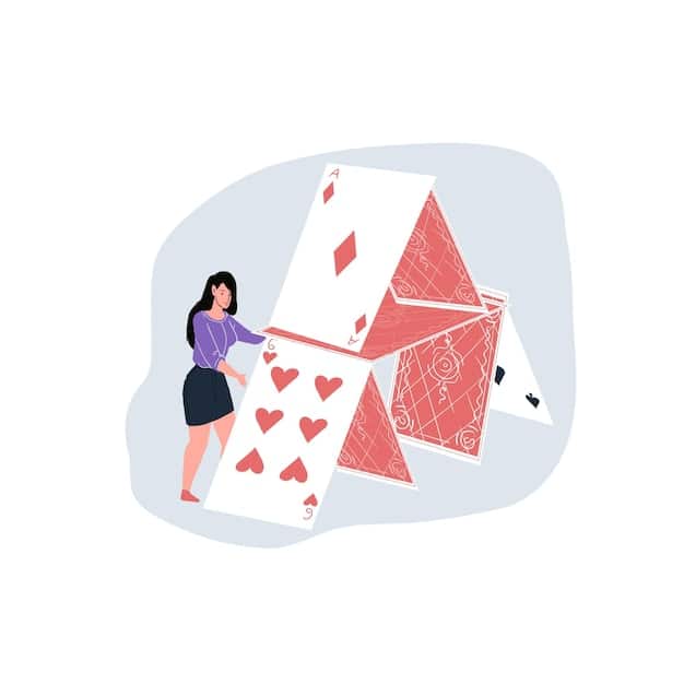 A digital illustration depicting a freelancer building a house of cards, with each card representing project objectives, deliverables, and timelines, showcasing the importance of a solid project scoping foundation.