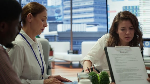A doctor talking to a freelancer in an office, reviewing medical insurance documents. The atmosphere is professional and reassuring.
