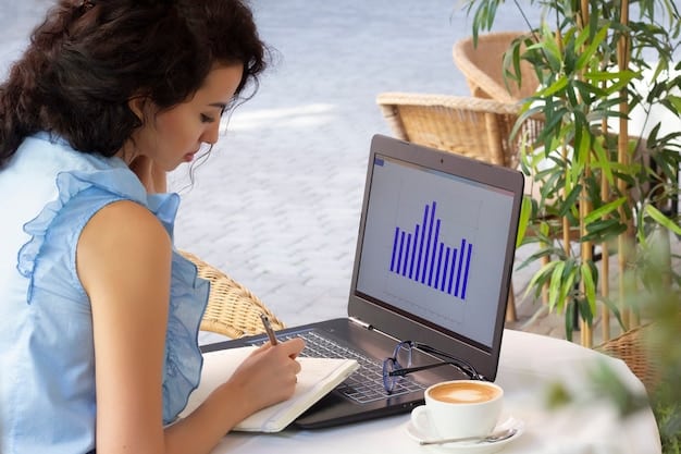 A laptop displaying a graph showing fluctuating progress, with a freelancer looking thoughtfully at the screen. Sticky notes with reminders and encouraging messages surround the laptop. The scene conveys a sense of determination and problem-solving.