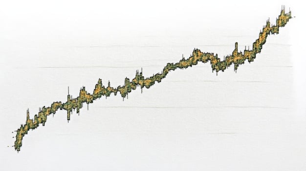 A graph showing the fluctuating price of a stock over a year, with dollar-cost averaging highlighted by regular, consistent investment points across the chart. Arrows indicate buying opportunities at different price levels, demonstrating how DCA smoothes out the average purchase price. The graph also showcases the potential to accumulate more shares during price dips.