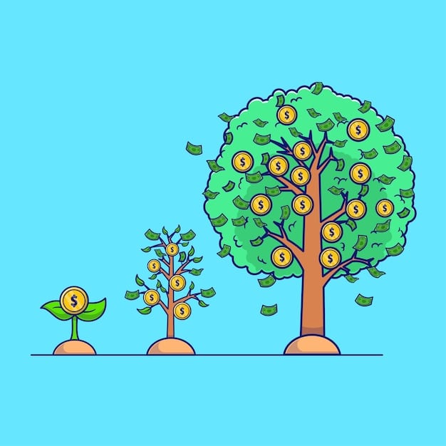 Illustration of a growing money tree with dividend stocks as fruits, representing the compounding potential of dividend investing.