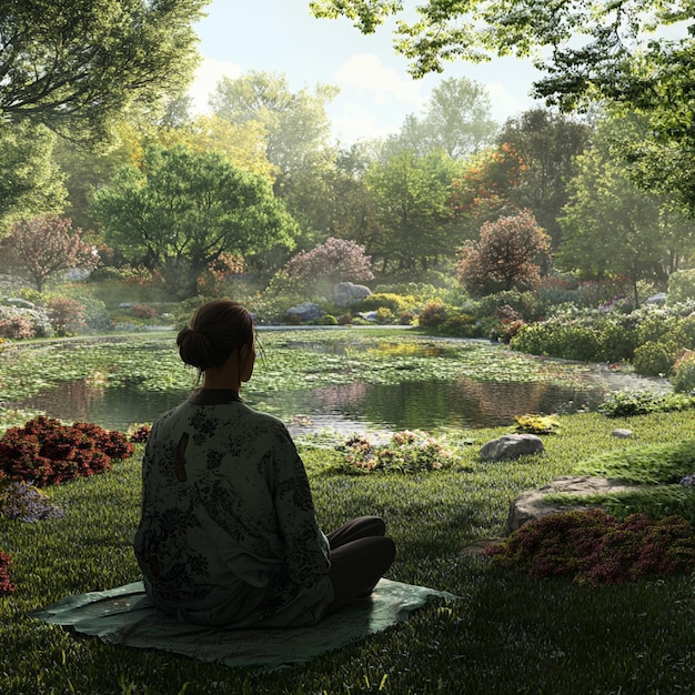 A person meditating in a peaceful garden, representing staying calm during market volatility. The person is surrounded by lush greenery and colorful flowers, symbolizing a balanced and tranquil mindset.