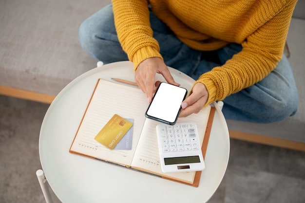 A person using a budgeting app on their smartphone, surrounded by receipts and a calculator. The app interface is clean and modern, highlighting different spending categories and savings progress. The scene is casual and inviting, showing how technology can simplify financial management