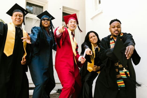 A diverse group of young adults celebrating their graduation with diplomas and smiles. They are standing in front of a modern university building, symbolizing the culmination of their educational investment and future opportunities
