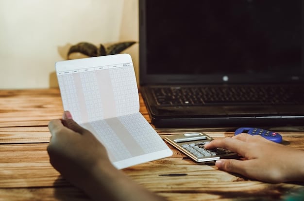 A close-up shot of a person's hands using a financial calculator and reviewing a spreadsheet containing REIT financial metrics such as FFO, dividend yield, and debt ratio. The background is blurred, focusing attention on the analytical process.