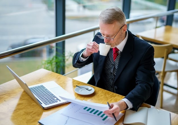 A person in a suit, sitting at a table and calculating an investment chart to invest his profits in several companies.