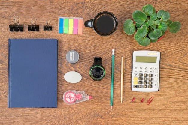 A flat lay image showing a calculator, coins, a pen, and a notebook with the word 
