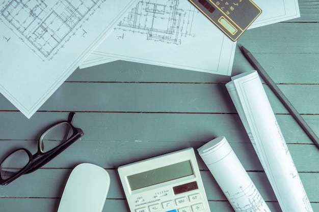 A close-up shot of architectural blueprints spread across a table, with a calculator, ruler, and various material samples (tiles, paint chips) scattered around, emphasizing the detailed planning stage of a home renovation.