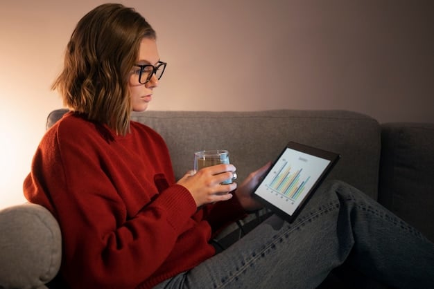 A person thoughtfully looking at a financial chart on a tablet, with a calculator and a coffee cup on the table, representing financial planning and strategizing.