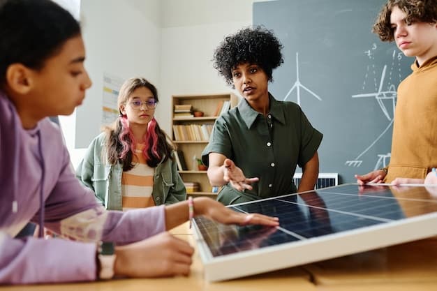 A diverse group of students eagerly participating in a hands-on training session on solar panel installation, with a modern renewable energy training facility in the background, showcasing workforce development.