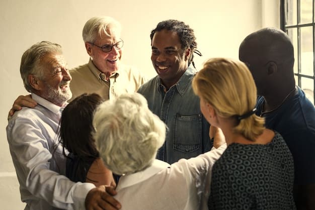 A diverse group of people, appearing supportive and engaged, gathered in a bright, modern community center, symbolizing support groups for Alzheimer's patients and caregivers.