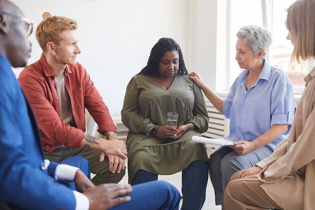 A diverse group of community members, including healthcare providers and recovered individuals, participating in a group therapy session with hope and collaboration.