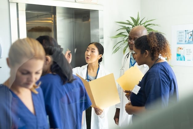 Diverse group of healthcare professionals (doctors, nurses, technicians) collaborating in a modern hospital setting, discussing a patient chart with a positive and supportive atmosphere.