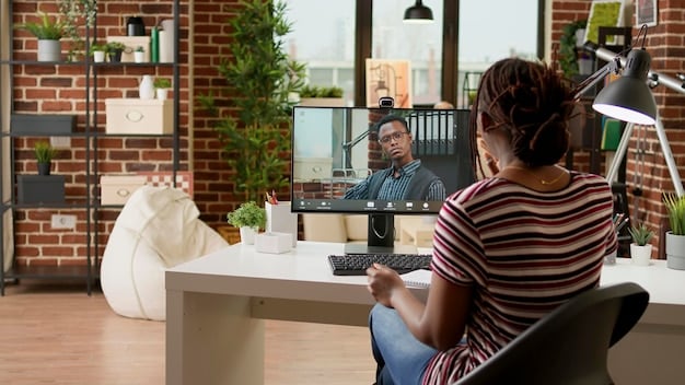 A diverse group of remote workers collaborating on a video call, each in their home office, showing a sense of connection and productivity despite geographical separation.