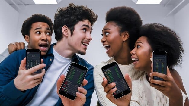 A diverse group of people, some holding smartphones with crypto apps, looking at a large digital chart showing upward trends, indicating a sense of security and optimism in the regulated market.