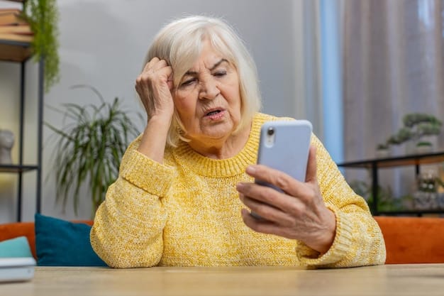 A senior woman on a video call, looking distressed, while a close-up of a smartphone screen shows a fake tech support message with a prominent red 