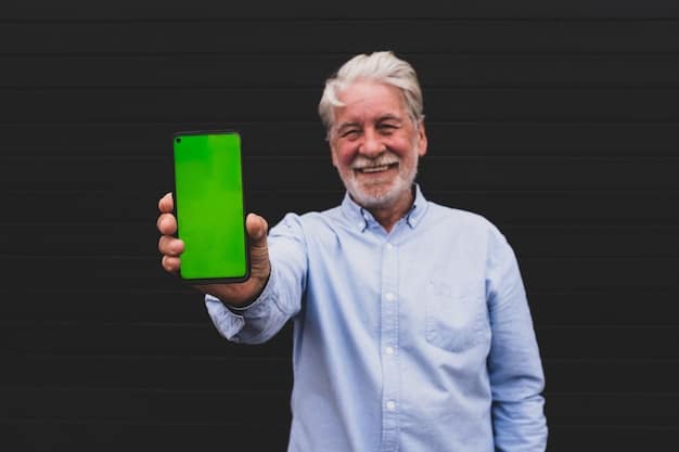 A senior man confidently holding a smartphone, with a green checkmark icon overlayed on the screen, symbolizing safe online practices. In the background, a secure network graphic is faintly visible.