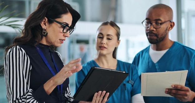A diverse group of healthcare professionals (doctors, nurses, administrators) engaged in a serious discussion around a conference table filled with documents, suggesting collaborative problem-solving for policy implementation.