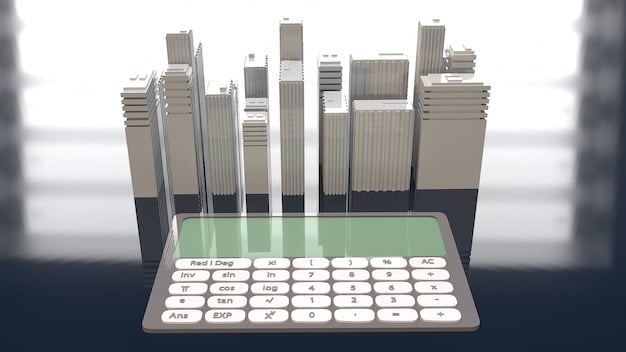 A financial planning chart showing different asset allocation percentages for stocks, bonds, and real estate, with a calculator in the foreground.