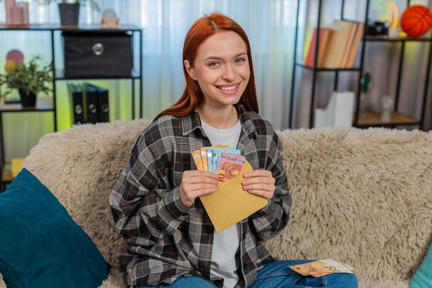 A person happily placing money into various labeled envelopes (e.g., 'Groceries', 'Rent', 'Savings', 'Fun'), representing the envelope budgeting system, with a cheerful expression and a sense of financial order.