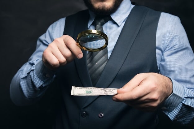 A detailed hand holding a magnifying glass over a financial statement or investment portfolio, emphasizing careful review before making decisions.