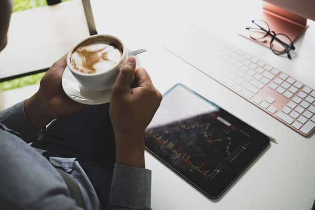 A person looking thoughtfully at multiple screens displaying stock charts and financial news, with a cup of coffee nearby, emphasizing research and strategy.