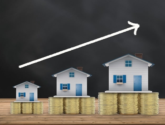 A detailed close-up of a house model sitting on a stack of coins, with a rising arrow chart in the background, symbolizing the increasing cost of housing due to interest rates.