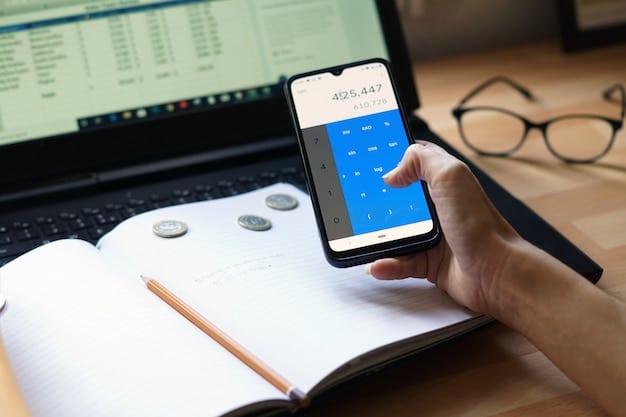 A person's hand holding a credit card over a smartphone showing a budgeting app, with a calendar in the background to signify payment tracking. The image conveys control and planning.