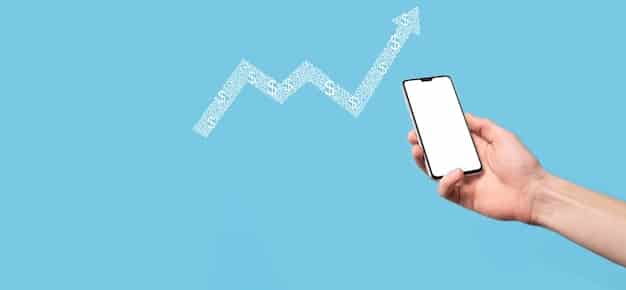 A graphical representation of a rising credit score on a smartphone screen, with a hand holding a credit card in the background, symbolizing financial growth and good credit habits.