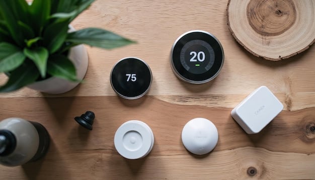 A close-up shot of a smart thermostat displaying energy usage data, surrounded by energy-efficient light bulbs.