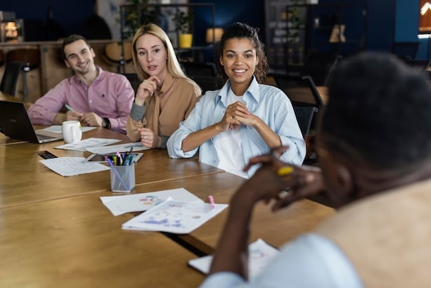 A diverse group of professionals engaged in a collaborative meeting, with positive body language and a whiteboard showing project timelines, symbolizing teamwork and a productive work environment that can be enhanced by fair compensation.