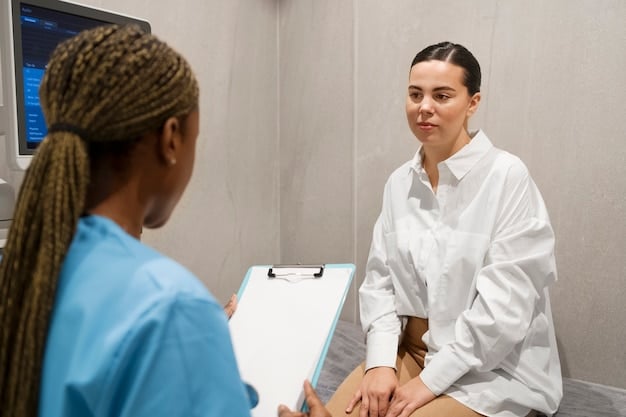 A healthcare professional (doctor, nurse) in a clinic setting explaining different colon cancer screening options to a patient using visual aids, emphasizing shared decision-making.