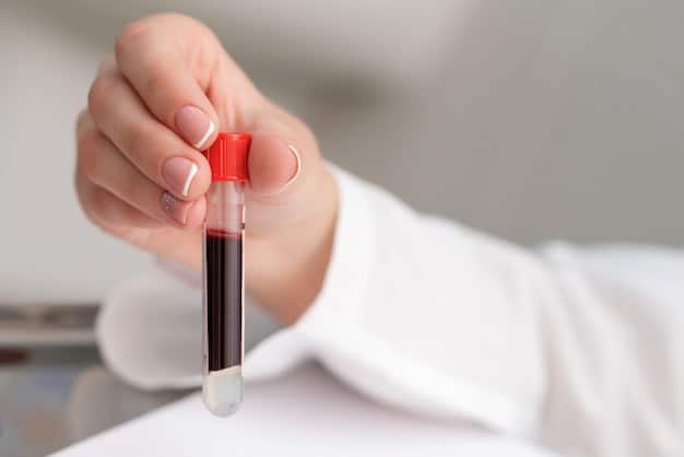A close-up of a human hand holding a blood test tube, with a blurred medical laboratory background, suggesting the process of checking vitamin D levels.