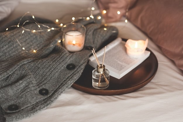 A minimalist bedroom setup featuring an essential oil diffuser gently diffusing calming scents, with soft lighting and a book on a nightstand.