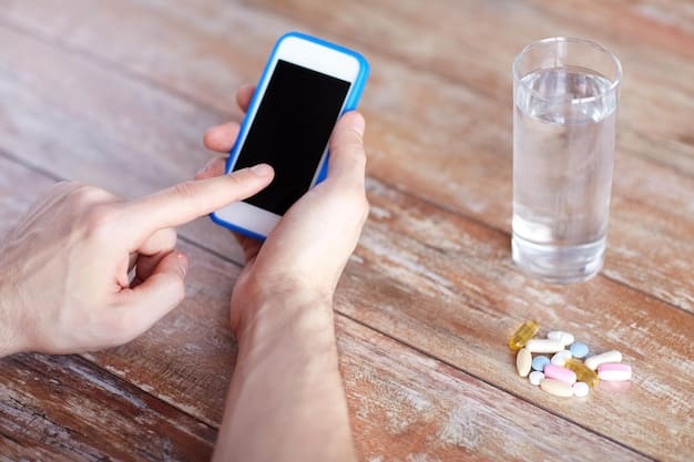 A person's hand holding a smartphone, actively comparing prescription drug prices on a mobile app interface. The screen displays various pharmacy logos and their respective prices for a common medication. In the background, out of focus, are prescription bottles and a keyboard, suggesting the integration of technology in managing health and finances.