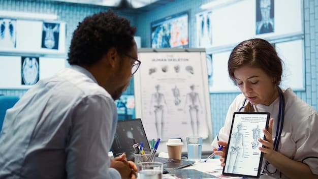 A doctor and a patient reviewing anatomical charts, representing a personalized discussion about early diagnosis and tailored treatment plans for a neurological condition. The image conveys empathy and shared decision-making.