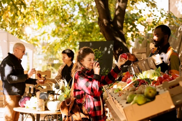 A bustling farmer's market scene with an abundance of fresh, colorful fruits, vegetables, and locally sourced products, illustrating the vibrancy and variety of whole, unprocessed foods.