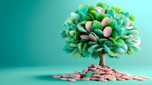 A stack of coins growing into a tree, symbolizing financial growth and health savings with a medical cross faintly visible in the background.