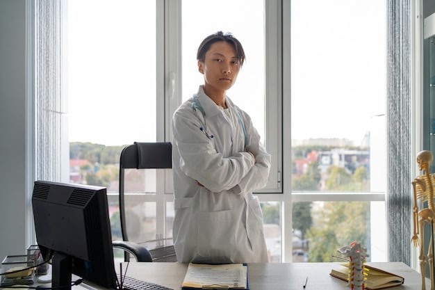 A calm, professional healthcare provider (wearing a white coat and stethoscope) is seated opposite an elderly patient, both smiling and engaged in conversation within a modern, well-lit doctor's office, conveying warmth and trust.