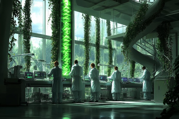 A futuristic laboratory setting with scientists in lab coats working with advanced biotechnology equipment, symbolizing medical research and vaccine development. The scene should convey innovation and progress in healthcare.