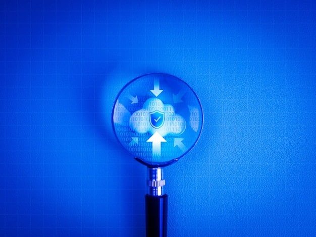 A magnifying glass hovering over security codes and padlock icons on a screen, representing detailed data protection and privacy measures in digital financial transactions.