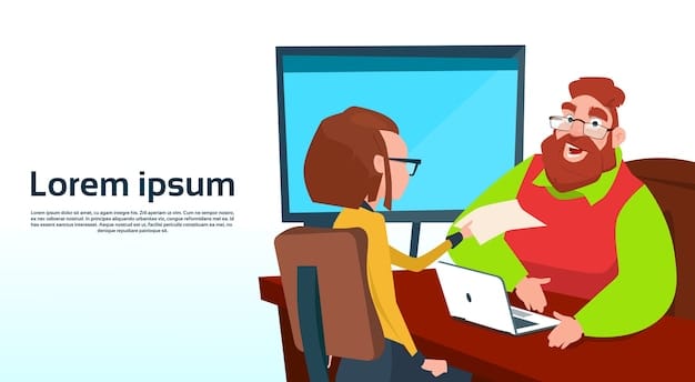 A student sitting at a desk, looking engaged while using a laptop for an online tutoring session, with a stylized representation of a professional tutor appearing on the screen.