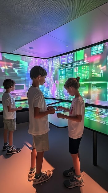 A futuristic classroom setting with students interacting with holographic displays and smart devices, illustrating advanced educational technology and personalized learning.