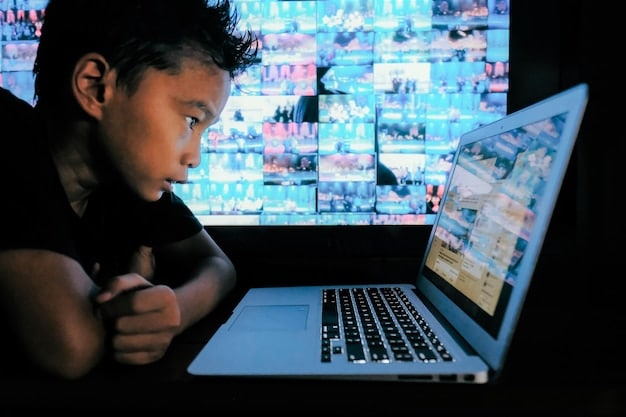 A young person confidently using a computer, with an overlay of security icons and a parental figure subtly supervising in the background, symbolizing safe and guided digital exploration.