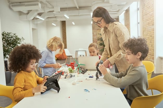 A teacher actively engaging with students in a collaborative learning activity, demonstrating effective classroom management.